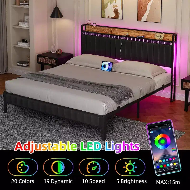 Letto Moderno XBT a 1 pezzo con LED - Testiera in PU con Stazione di Ricarica, Luci RGB e Contenitore, Telaio in Metallo senza Rete a Molle