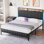 Letto Moderno XBT a 1 pezzo con LED - Testiera in PU con Stazione di Ricarica, Luci RGB e Contenitore, Telaio in Metallo senza Rete a Molle
