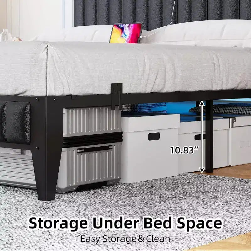 Letto Moderno XBT a 1 pezzo con LED - Testiera in PU con Stazione di Ricarica, Luci RGB e Contenitore, Telaio in Metallo senza Rete a Molle