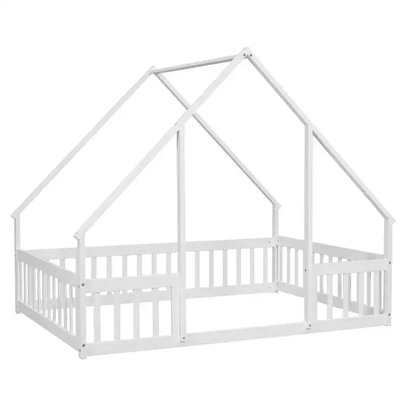 MAYEERTY Lettino da terra a forma di casa in legno massiccio con recinzione e sponde di protezione, bianco
