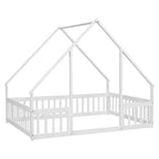 MAYEERTY Lettino da terra a forma di casa in legno massiccio con recinzione e sponde di protezione, bianco