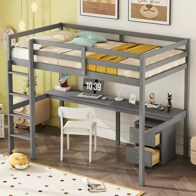 MAYEERTY Letto a soppalco singolo in legno con letto a scomparsa, scrivania integrata, mobile contenitore con 2 cassetti, sponde di protezione, grigio