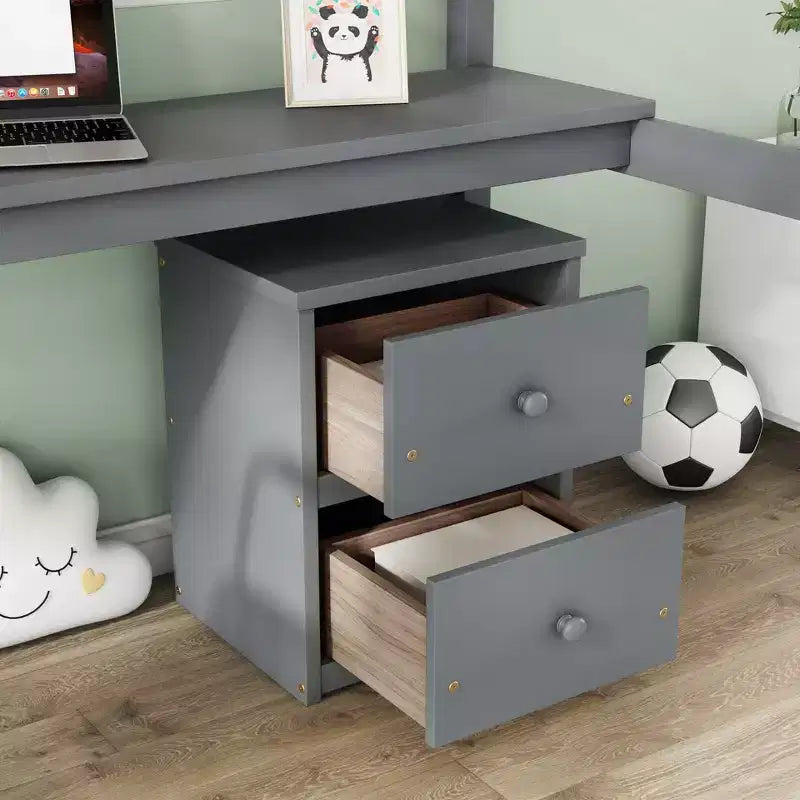 MAYEERTY Letto a soppalco singolo in legno con letto a scomparsa, scrivania integrata, mobile contenitore con 2 cassetti, sponde di protezione, grigio
