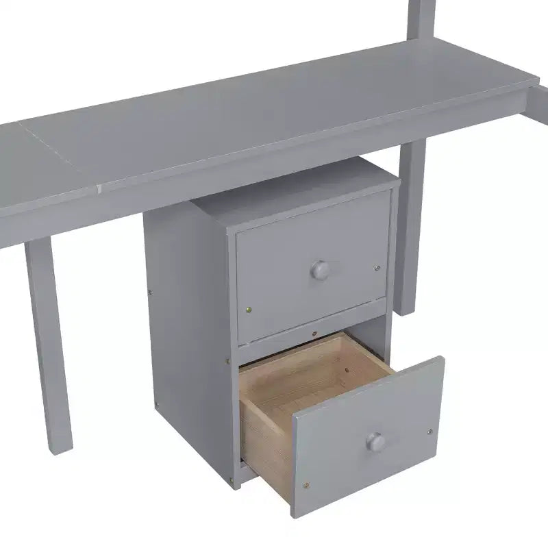 MAYEERTY Letto a soppalco singolo in legno con letto a scomparsa, scrivania integrata, mobile contenitore con 2 cassetti, sponde di protezione, grigio