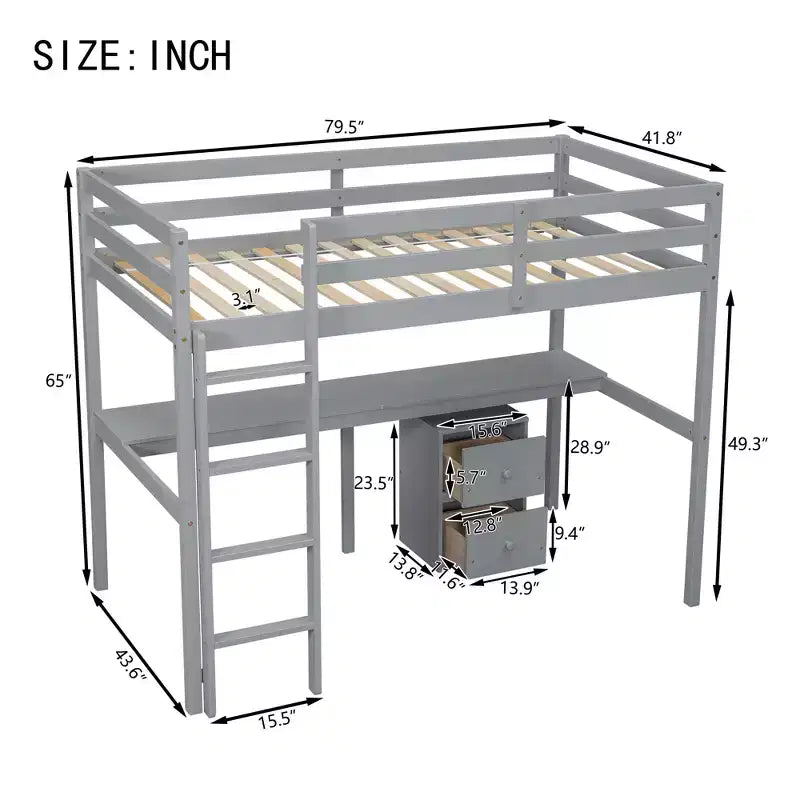 MAYEERTY Letto a soppalco singolo in legno con letto a scomparsa, scrivania integrata, mobile contenitore con 2 cassetti, sponde di protezione, grigio