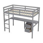 MAYEERTY Letto a soppalco singolo in legno con letto a scomparsa, scrivania integrata, mobile contenitore con 2 cassetti, sponde di protezione, grigio