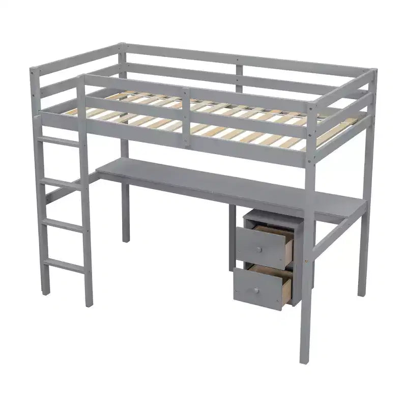 MAYEERTY Letto a soppalco singolo in legno con letto a scomparsa, scrivania integrata, mobile contenitore con 2 cassetti, sponde di protezione, grigio