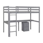 MAYEERTY Letto a soppalco singolo in legno con letto a scomparsa, scrivania integrata, mobile contenitore con 2 cassetti, sponde di protezione, grigio