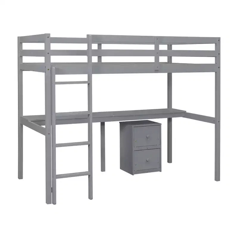 MAYEERTY Letto a soppalco singolo in legno con letto a scomparsa, scrivania integrata, mobile contenitore con 2 cassetti, sponde di protezione, grigio