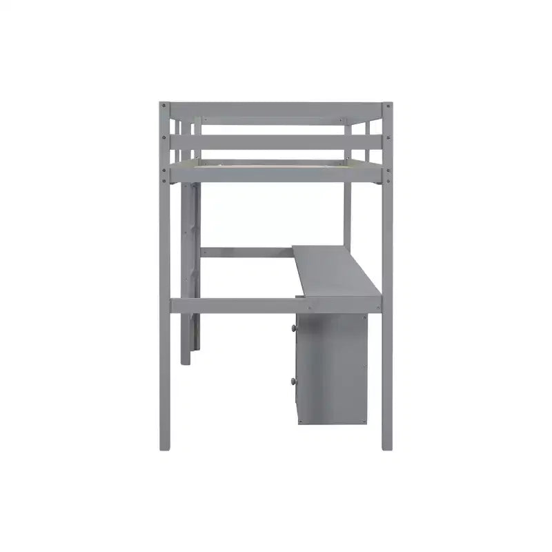 MAYEERTY Letto a soppalco singolo in legno con letto a scomparsa, scrivania integrata, mobile contenitore con 2 cassetti, sponde di protezione, grigio