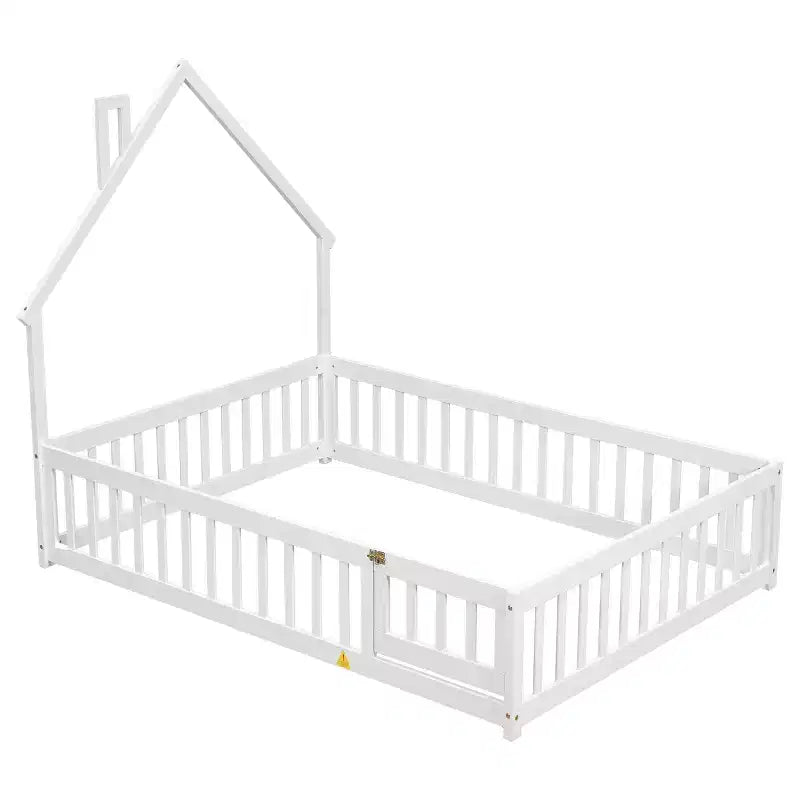 MAYEERTY Letto a pavimento con testiera a forma di casa e recinzione, bianco
