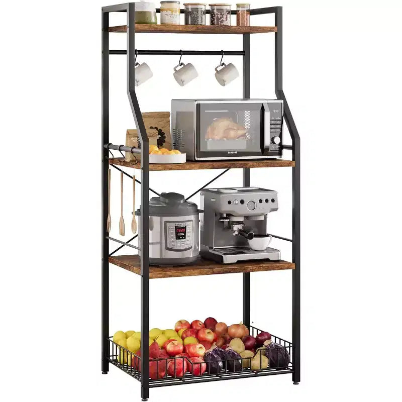 Scaffale da cucina per fornai, supporto per forno a microonde con grande cesto in filo metallico, stazione bar caffè industriale, scaffale portaoggetti da cucina a 4 ripiani