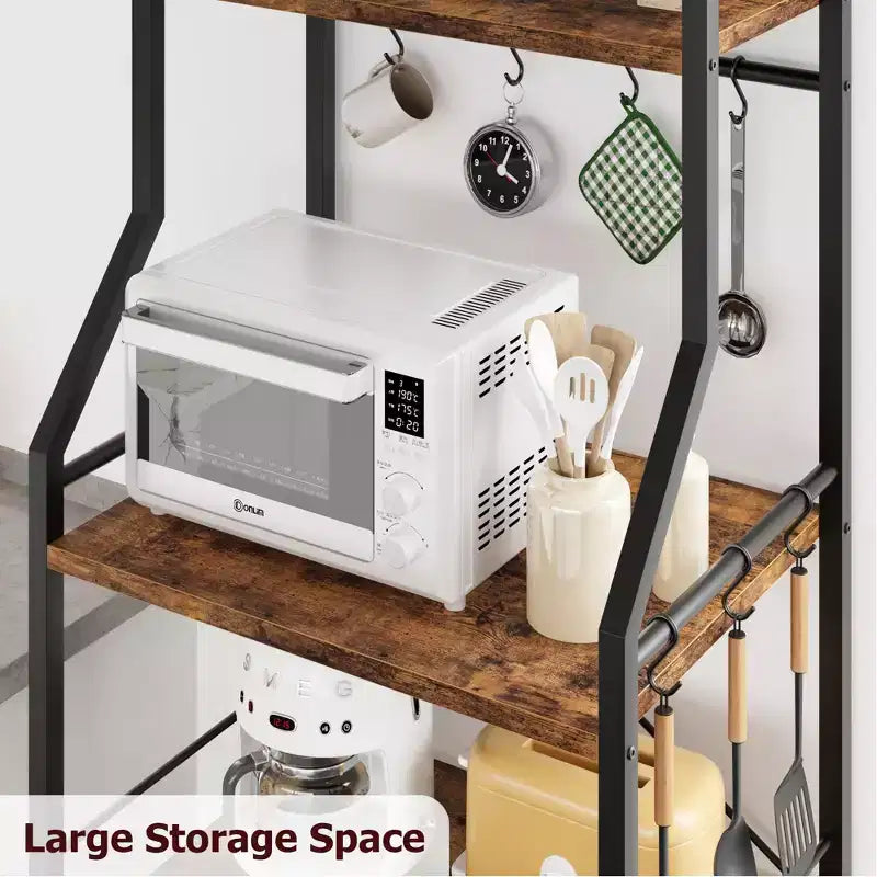Scaffale da cucina per fornai, supporto per forno a microonde con grande cesto in filo metallico, stazione bar caffè industriale, scaffale portaoggetti da cucina a 4 ripiani