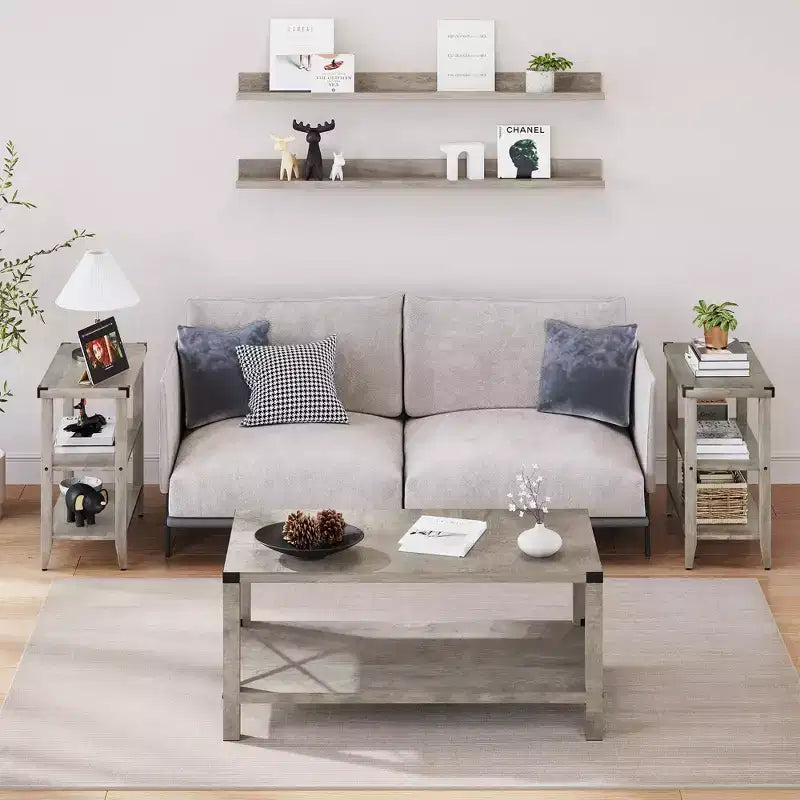 Tavolino rustico da fattoria con ripiano portaoggetti per piccoli spazi, comodino stretto grigio per soggiorno, camera da letto (2 pz.)