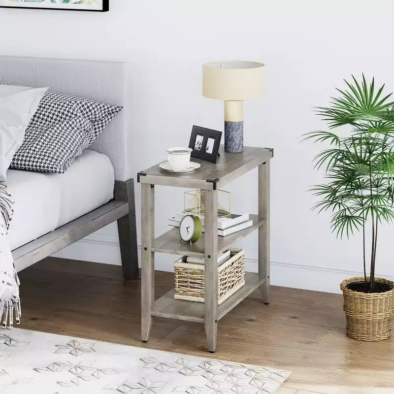 Tavolino rustico da fattoria con ripiano portaoggetti per piccoli spazi, comodino stretto grigio per soggiorno, camera da letto (2 pz.)
