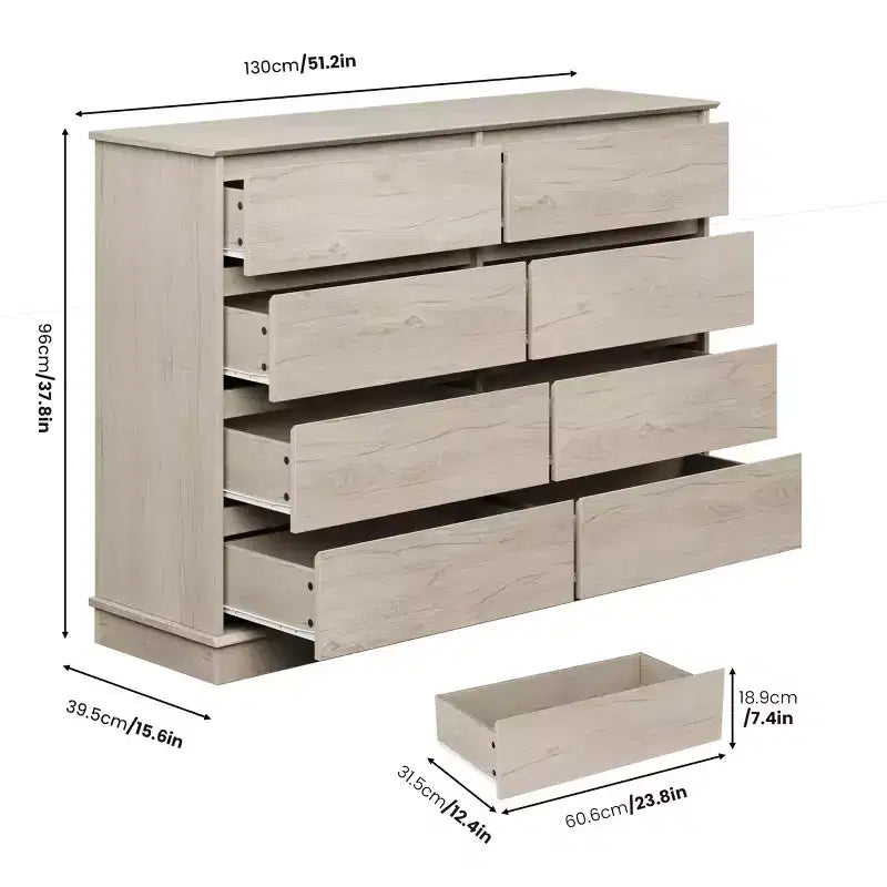 Cassettiera a 8 cassetti per camera da letto, Comò con cassetti profondi, Cassettiera doppia grande per armadio con piano largo, Cassettiera orizzontale in legno per soggiorno