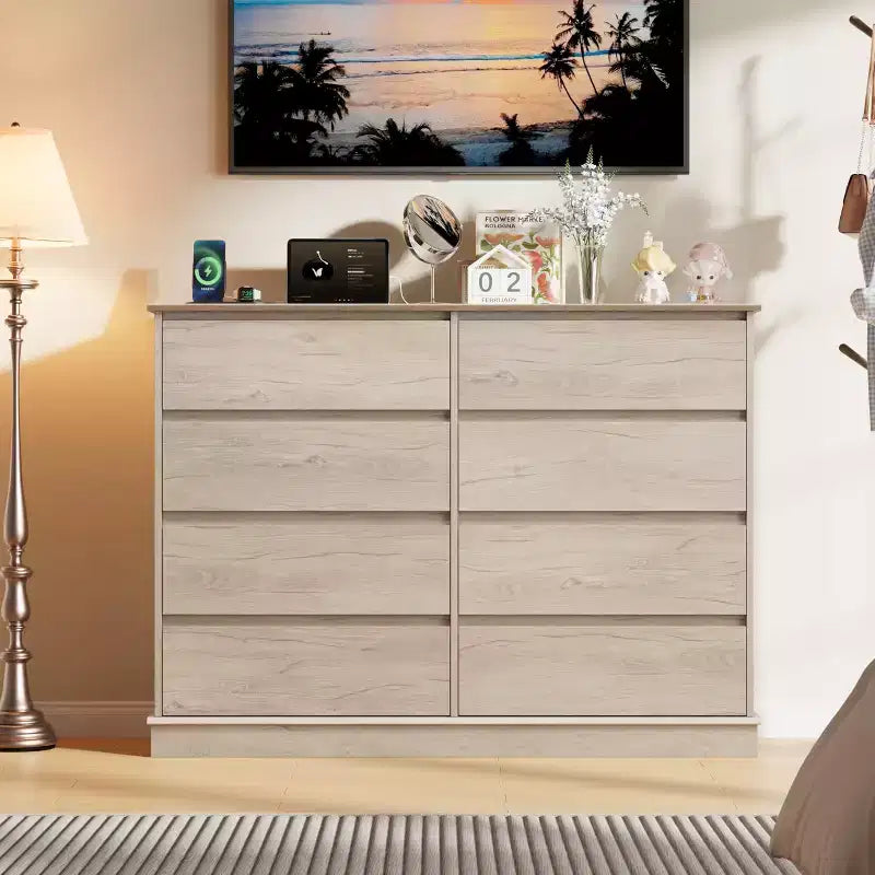 Cassettiera a 8 cassetti per camera da letto, Comò con cassetti profondi, Cassettiera doppia grande per armadio con piano largo, Cassettiera orizzontale in legno per soggiorno