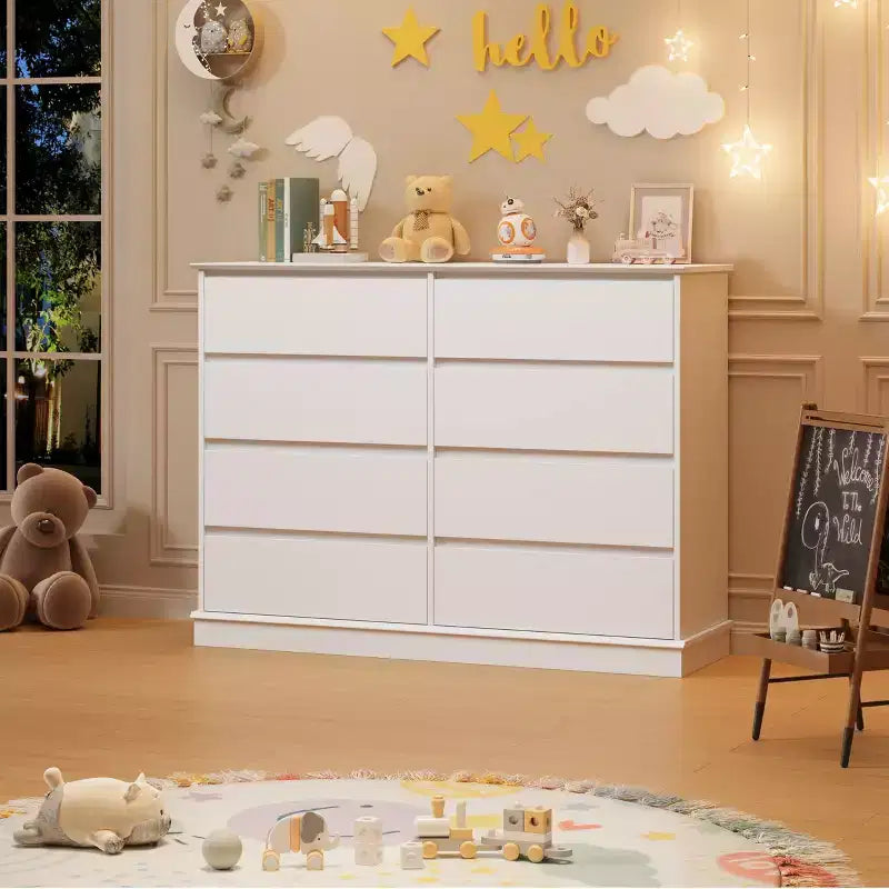 Cassettiera a 8 cassetti per camera da letto, Comò con cassetti profondi, Cassettiera doppia grande per armadio con piano largo, Cassettiera orizzontale in legno per soggiorno