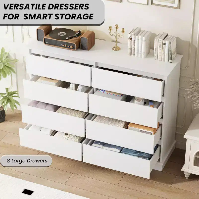 Cassettiera a 8 cassetti per camera da letto, Comò con cassetti profondi, Cassettiera doppia grande per armadio con piano largo, Cassettiera orizzontale in legno per soggiorno
