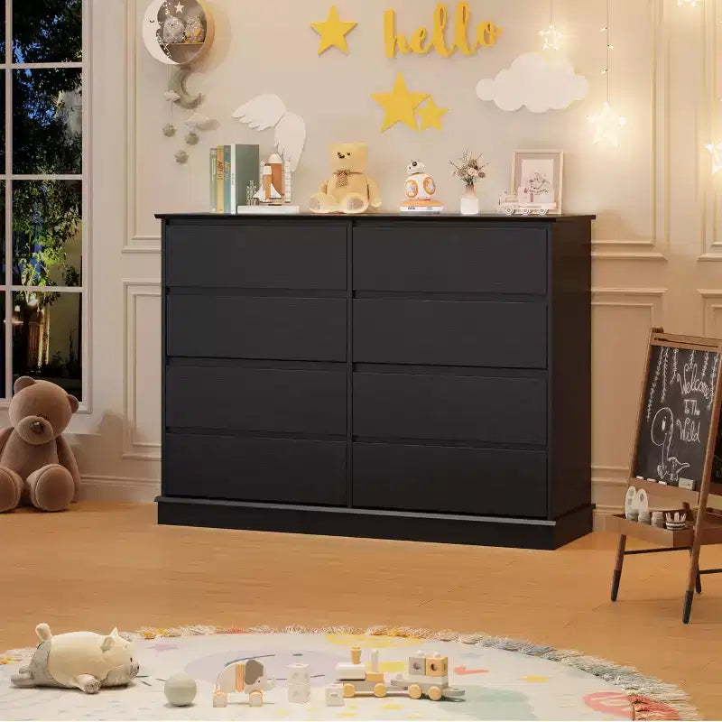 Cassettiera a 8 cassetti per camera da letto, Comò con cassetti profondi, Cassettiera doppia grande per armadio con piano largo, Cassettiera orizzontale in legno per soggiorno