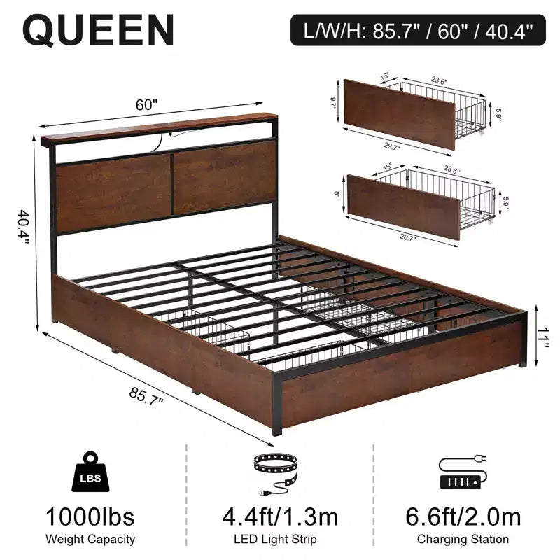 Hausource - Struttura letto imbottita con testiera a LED, cassetti portaoggetti e porte USB, nessuna molla richiesta