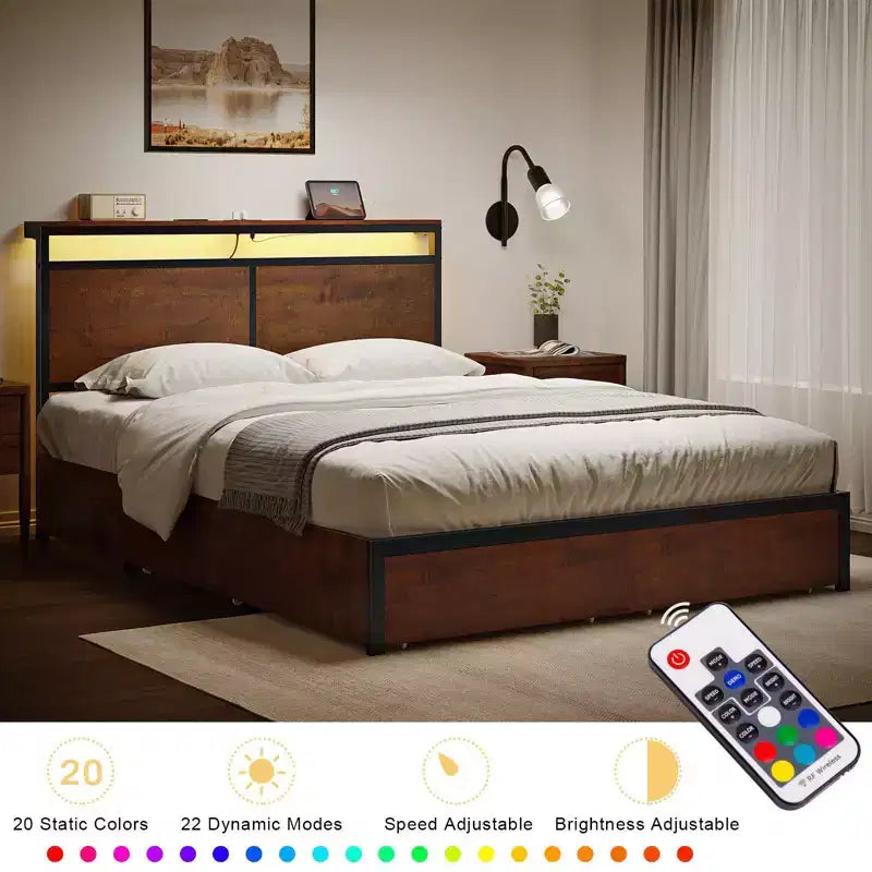 Hausource - Struttura letto imbottita con testiera a LED, cassetti portaoggetti e porte USB, nessuna molla richiesta