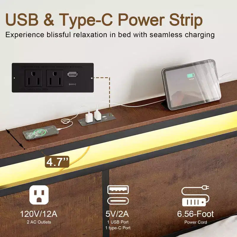 Hausource - Struttura letto imbottita con testiera a LED, cassetti portaoggetti e porte USB, nessuna molla richiesta