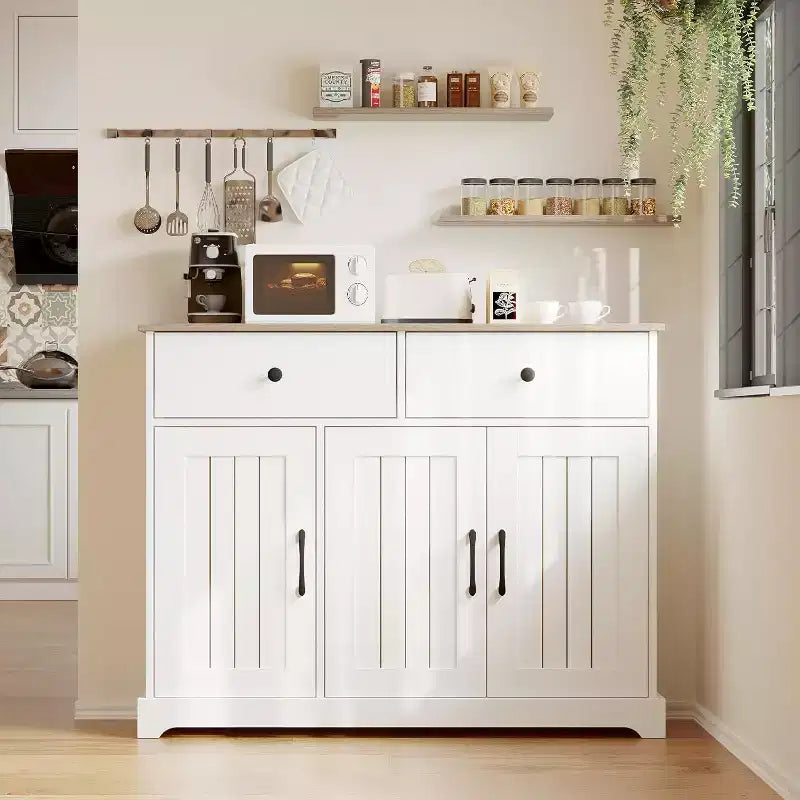 Pratico armadietto contenitore, mobile buffet con pannello laterale e vano portaoggetti, ripiano regolabile e 2 cassetti, bianco