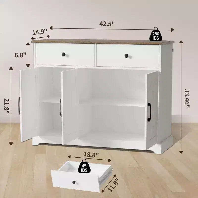 Pratico armadietto contenitore, mobile buffet con pannello laterale e vano portaoggetti, ripiano regolabile e 2 cassetti, bianco