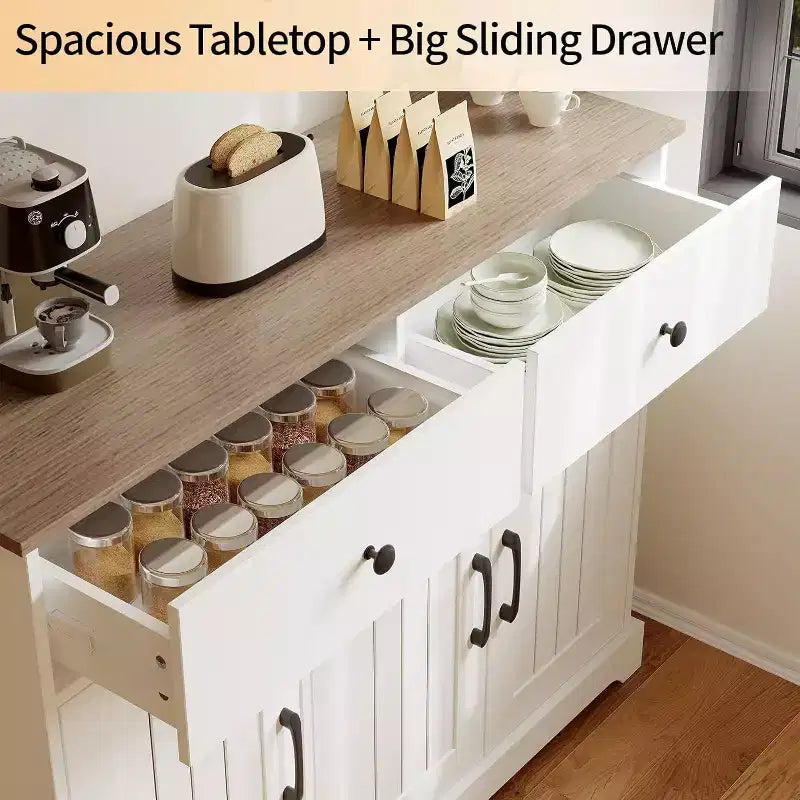 Pratico armadietto contenitore, mobile buffet con pannello laterale e vano portaoggetti, ripiano regolabile e 2 cassetti, bianco