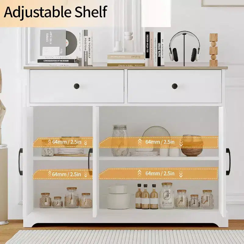 Pratico armadietto contenitore, mobile buffet con pannello laterale e vano portaoggetti, ripiano regolabile e 2 cassetti, bianco