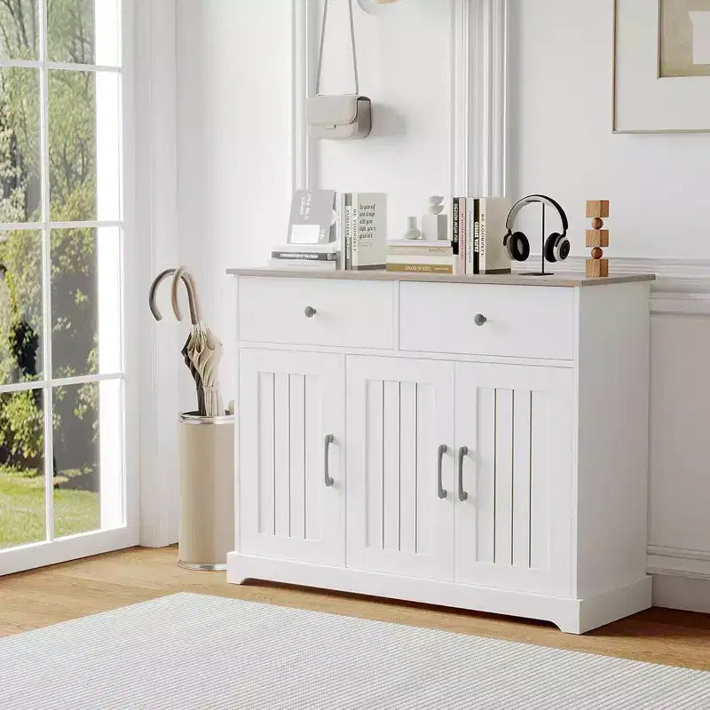 Pratico armadietto contenitore, mobile buffet con pannello laterale e vano portaoggetti, ripiano regolabile e 2 cassetti, bianco