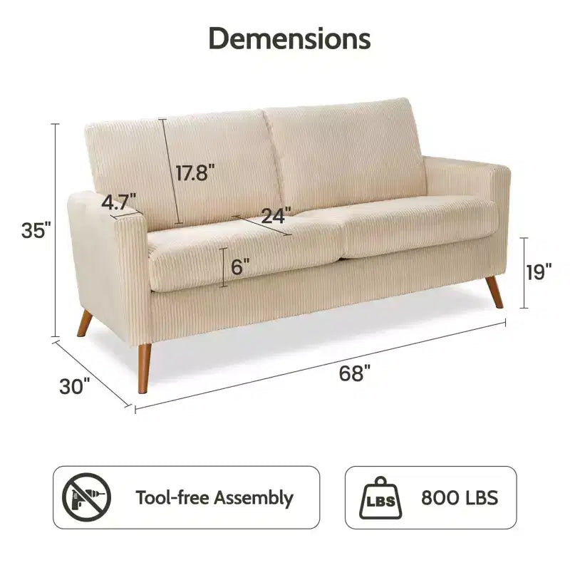 Dyonery divano da coppia in velluto a coste da 172 cm, divano moderno da coppia per soggiorno, camera da letto e ufficio, divano confortevole con cuscino a molla