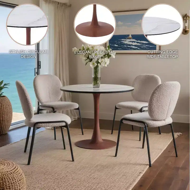 LeisureMod Bristol Tavolo da Pranzo Rotondo, Piano in MDF con Base a Piedistallo in Acciaio e Legno di Ciliegio, Tavolo d'Appoggio Moderno per Cucina, Sala da Pranzo e Piccoli Spazi