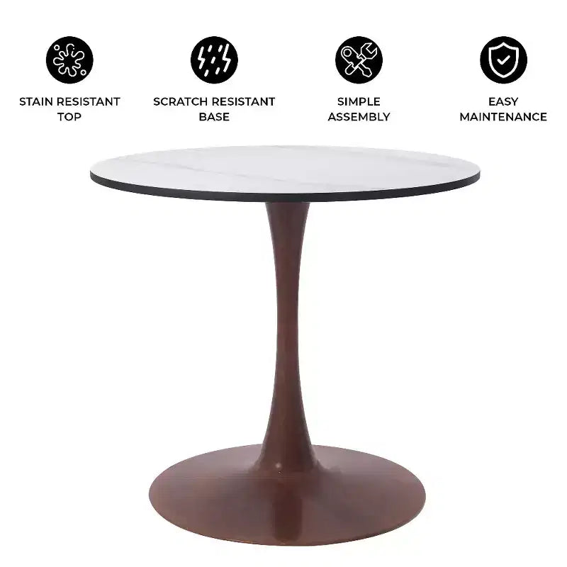 LeisureMod Bristol Tavolo da Pranzo Rotondo, Piano in MDF con Base a Piedistallo in Acciaio e Legno di Ciliegio, Tavolo d'Appoggio Moderno per Cucina, Sala da Pranzo e Piccoli Spazi