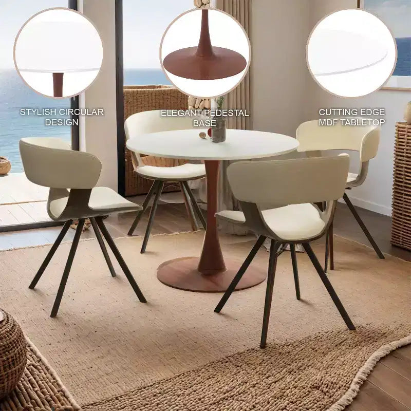 LeisureMod Bristol Tavolo da Pranzo Rotondo, Piano in MDF con Base a Piedistallo in Acciaio e Legno di Ciliegio, Tavolo d'Appoggio Moderno per Cucina, Sala da Pranzo e Piccoli Spazi