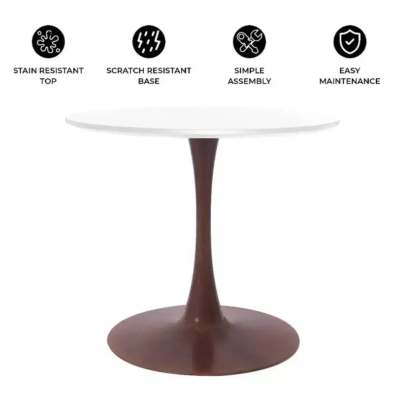 LeisureMod Bristol Tavolo da Pranzo Rotondo, Piano in MDF con Base a Piedistallo in Acciaio e Legno di Ciliegio, Tavolo d'Appoggio Moderno per Cucina, Sala da Pranzo e Piccoli Spazi