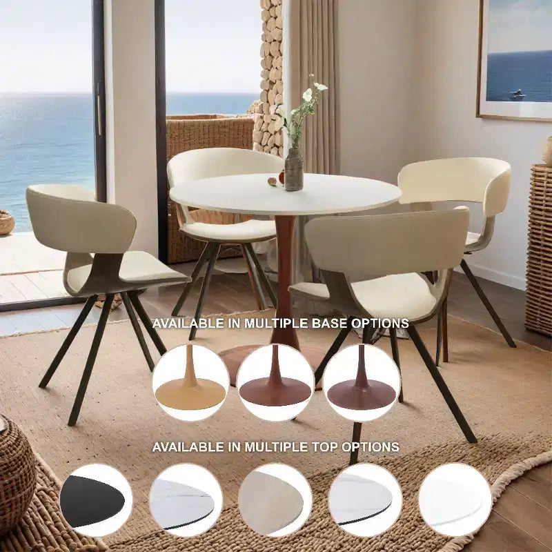 LeisureMod Bristol Tavolo da Pranzo Rotondo, Piano in MDF con Base a Piedistallo in Acciaio e Legno di Ciliegio, Tavolo d'Appoggio Moderno per Cucina, Sala da Pranzo e Piccoli Spazi