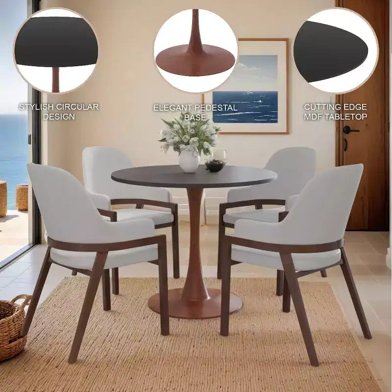 LeisureMod Bristol Tavolo da Pranzo Rotondo, Piano in MDF con Base a Piedistallo in Acciaio e Legno di Ciliegio, Tavolo d'Appoggio Moderno per Cucina, Sala da Pranzo e Piccoli Spazi
