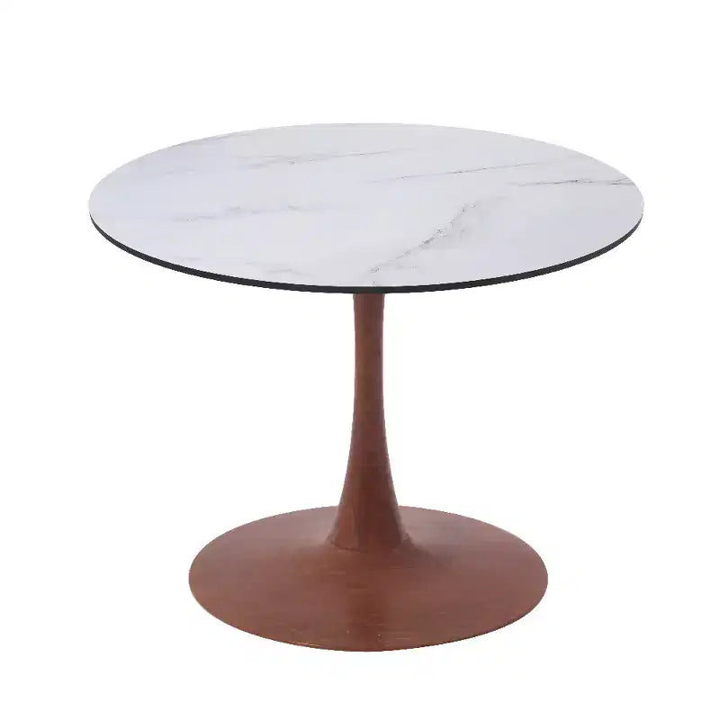 LeisureMod Bristol Tavolo da Pranzo Rotondo, Piano in MDF con Base a Piedistallo in Acciaio e Legno di Ciliegio, Tavolo d'Appoggio Moderno per Cucina, Sala da Pranzo e Piccoli Spazi