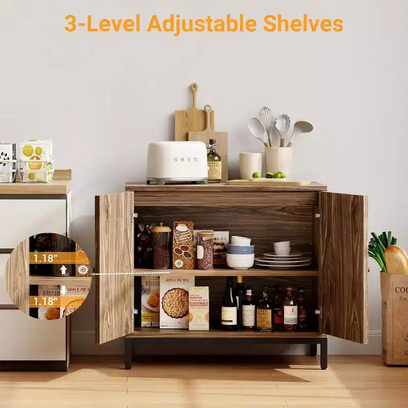 Madia in Rattan, Madia Buffet con Ripiani Regolabili, Mobile Contenitore in Legno per Soggiorno, Ingresso