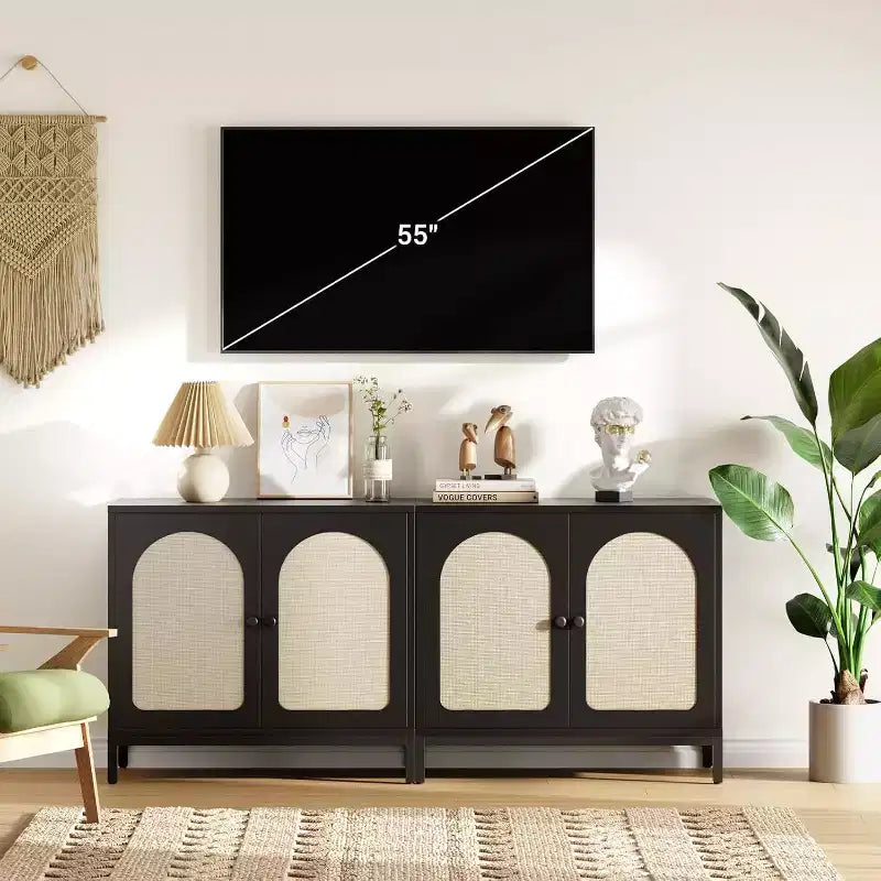 Madia in Rattan, Madia Buffet con Ripiani Regolabili, Mobile Contenitore in Legno per Soggiorno, Ingresso
