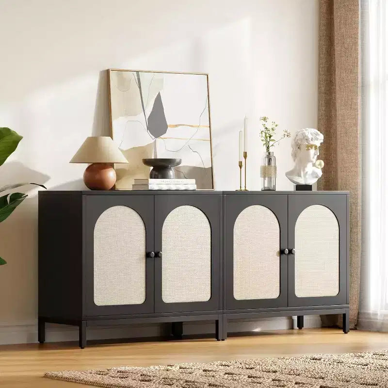 Madia in Rattan, Madia Buffet con Ripiani Regolabili, Mobile Contenitore in Legno per Soggiorno, Ingresso