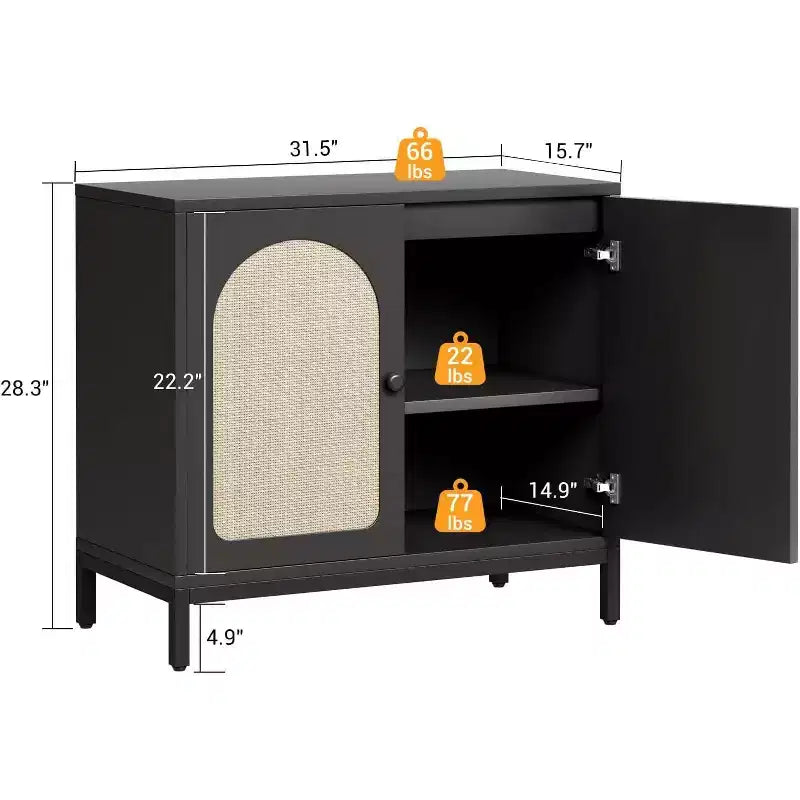 Madia in Rattan, Madia Buffet con Ripiani Regolabili, Mobile Contenitore in Legno per Soggiorno, Ingresso