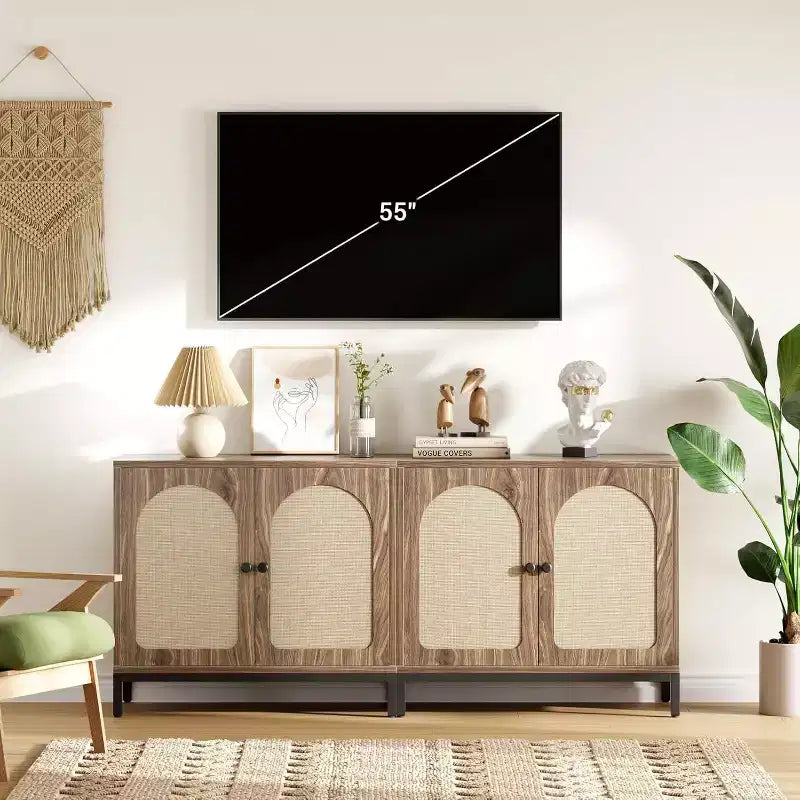 Madia in Rattan, Madia Buffet con Ripiani Regolabili, Mobile Contenitore in Legno per Soggiorno, Ingresso