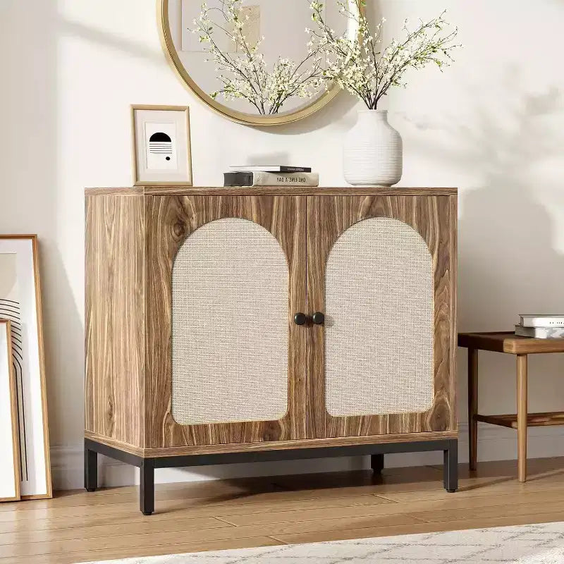Madia in Rattan, Madia Buffet con Ripiani Regolabili, Mobile Contenitore in Legno per Soggiorno, Ingresso