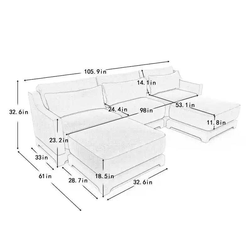 Divano a 3 posti in ciniglia beige con 2 pouf mobili e cuscino lombare, spugna ad alta resilienza, base in legno di alta qualità