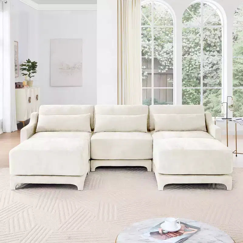 Divano a 3 posti in ciniglia beige con 2 pouf mobili e cuscino lombare, spugna ad alta resilienza, base in legno di alta qualità