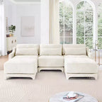 Divano a 3 posti in ciniglia beige con 2 pouf mobili e cuscino lombare, spugna ad alta resilienza, base in legno di alta qualità