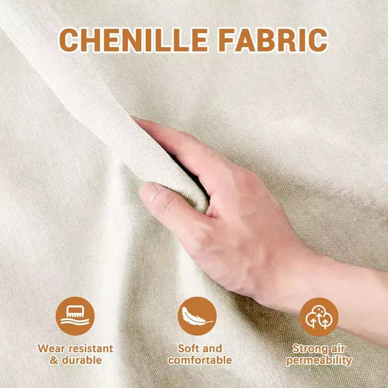 Divano a 3 posti in ciniglia beige con 2 pouf mobili e cuscino lombare, spugna ad alta resilienza, base in legno di alta qualità